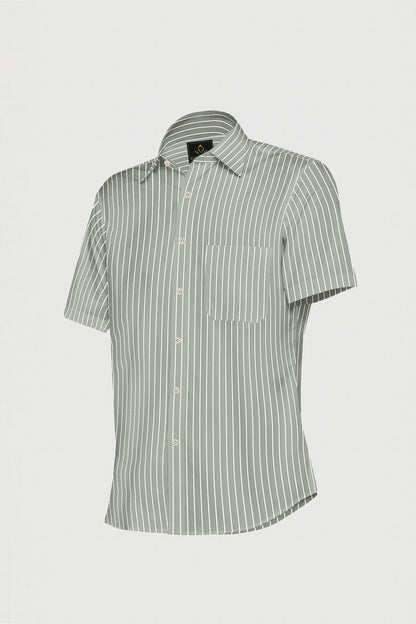 Chive Green and White Stripes Cotton Shirt