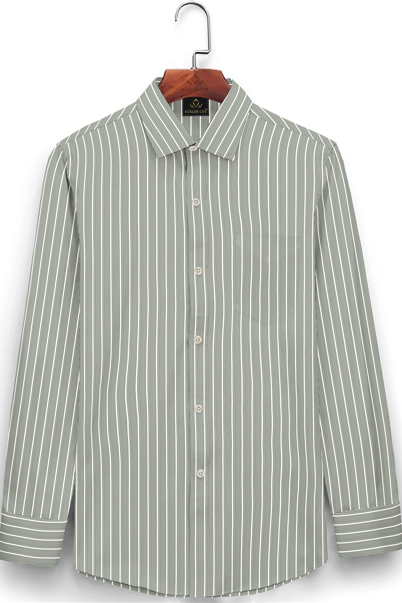 Chive Green and White Stripes Cotton Shirt