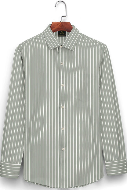 Chive Green and White Stripes Cotton Shirt