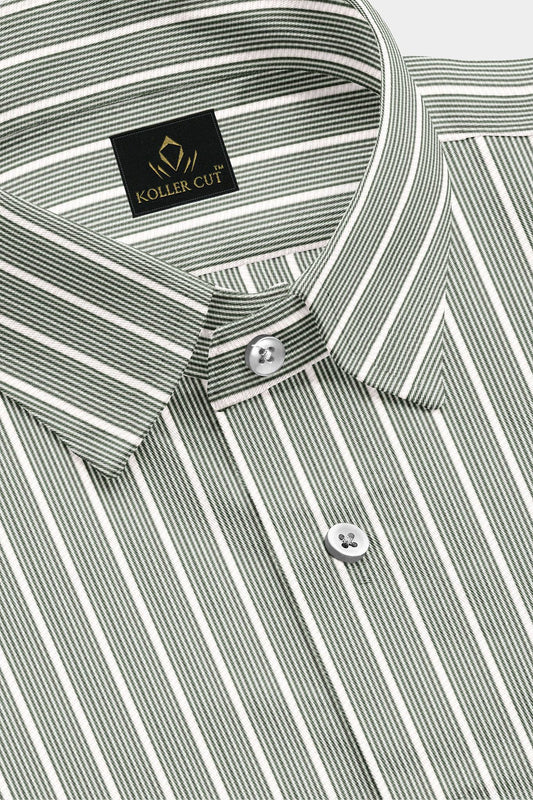 Chive Green and White Stripes Cotton Shirt