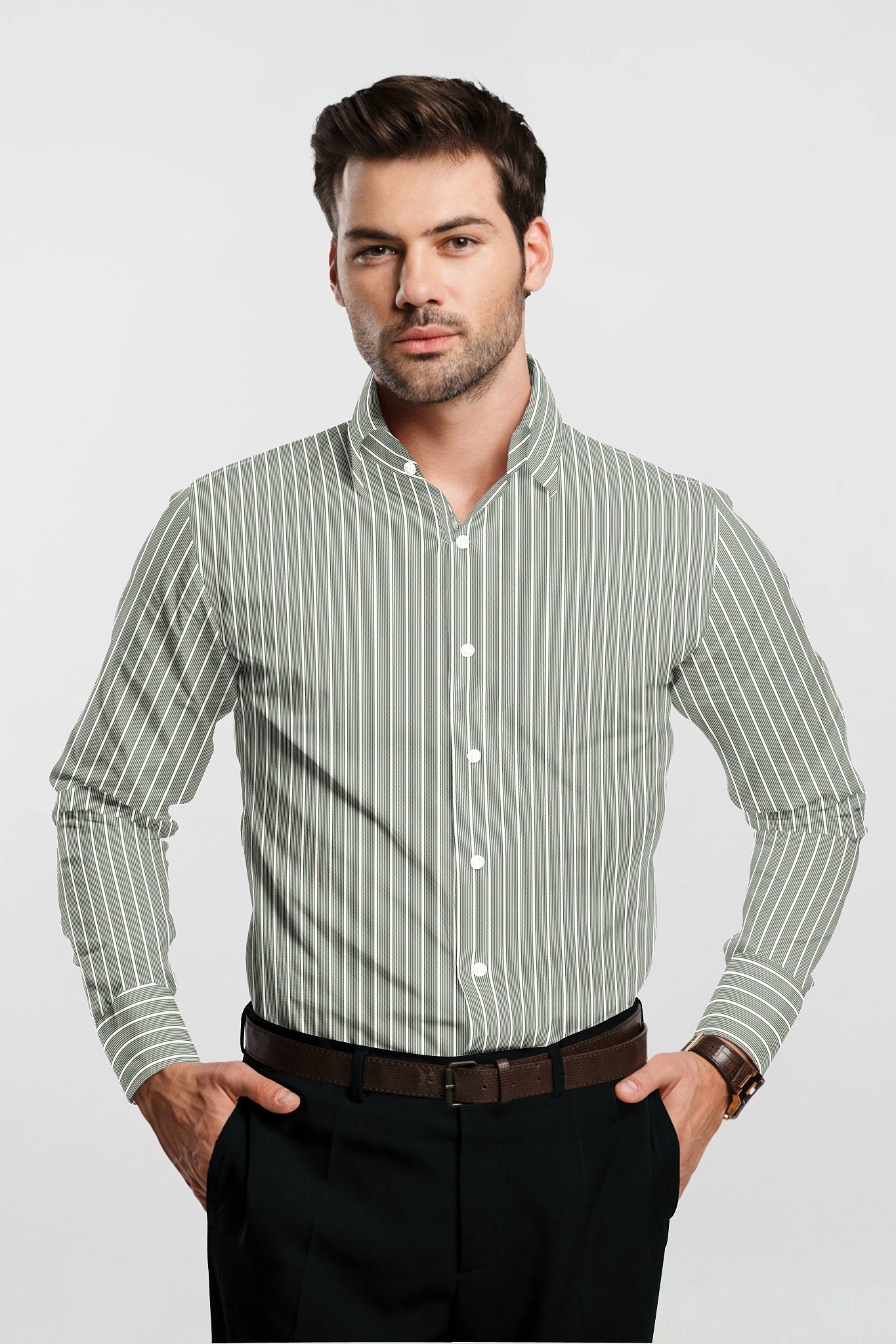 Chive Green and White Stripes Cotton Shirt