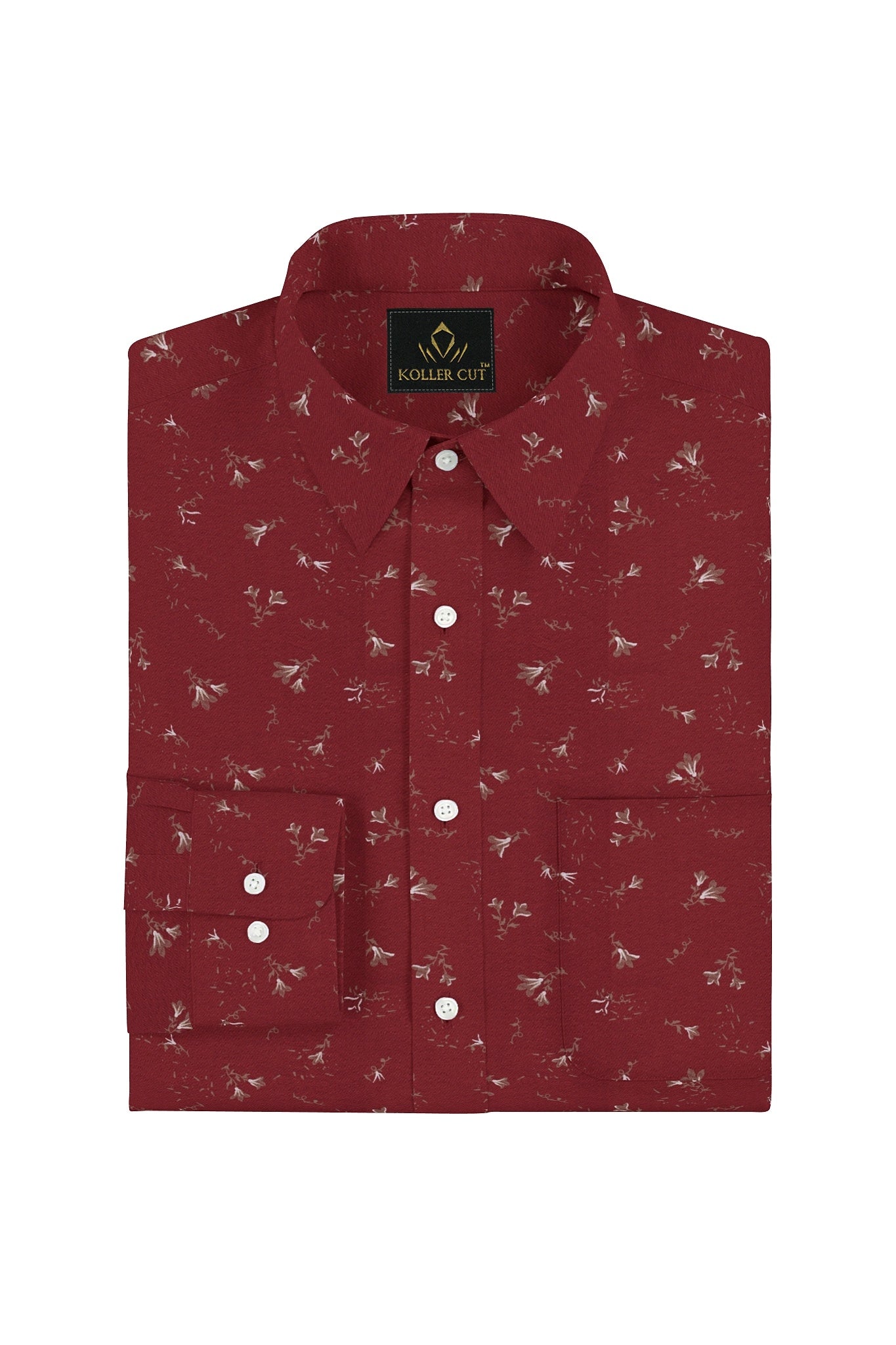Crimson Red and Bistre Brown Tecoma Flower Printed Cotton Shirt