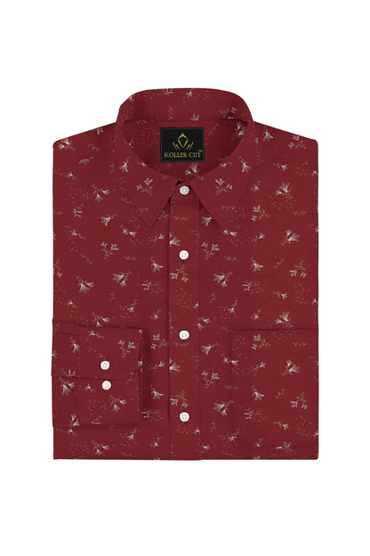 Crimson Red and Bistre Brown Tecoma Flower Printed Cotton Shirt