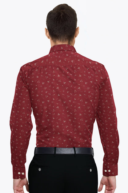 Crimson Red and Bistre Brown Tecoma Flower Printed Cotton Shirt