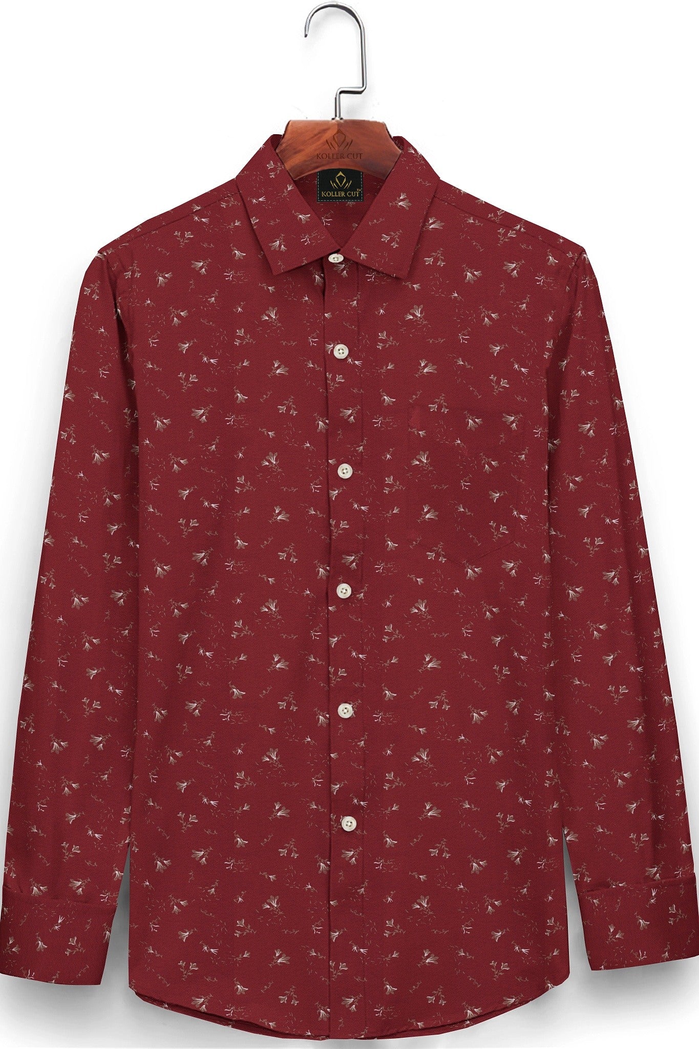 Crimson Red and Bistre Brown Tecoma Flower Printed Cotton Shirt