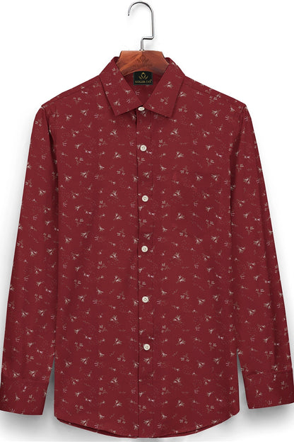 Crimson Red and Bistre Brown Tecoma Flower Printed Cotton Shirt