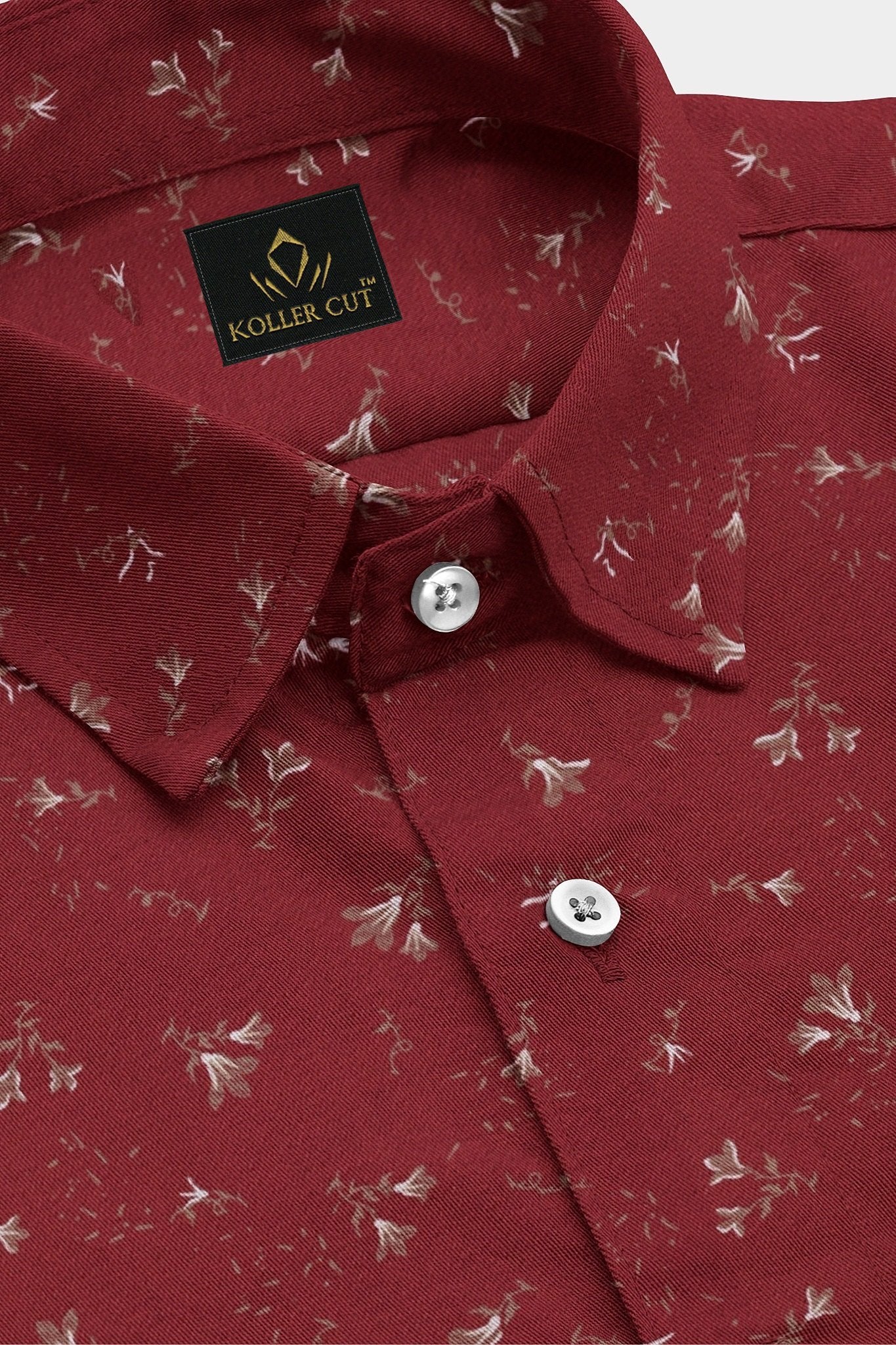 Crimson Red and Bistre Brown Tecoma Flower Printed Cotton Shirt