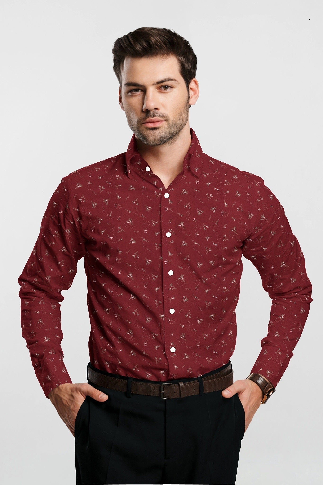 Crimson Red and Bistre Brown Tecoma Flower Printed Cotton Shirt