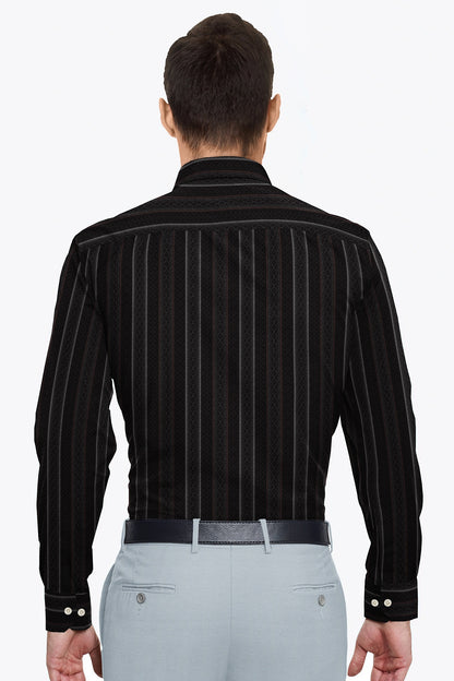Obsidian Black with Fudgesicle Brown and White Diamond Stripe Pattern Printed Cotton Shirt