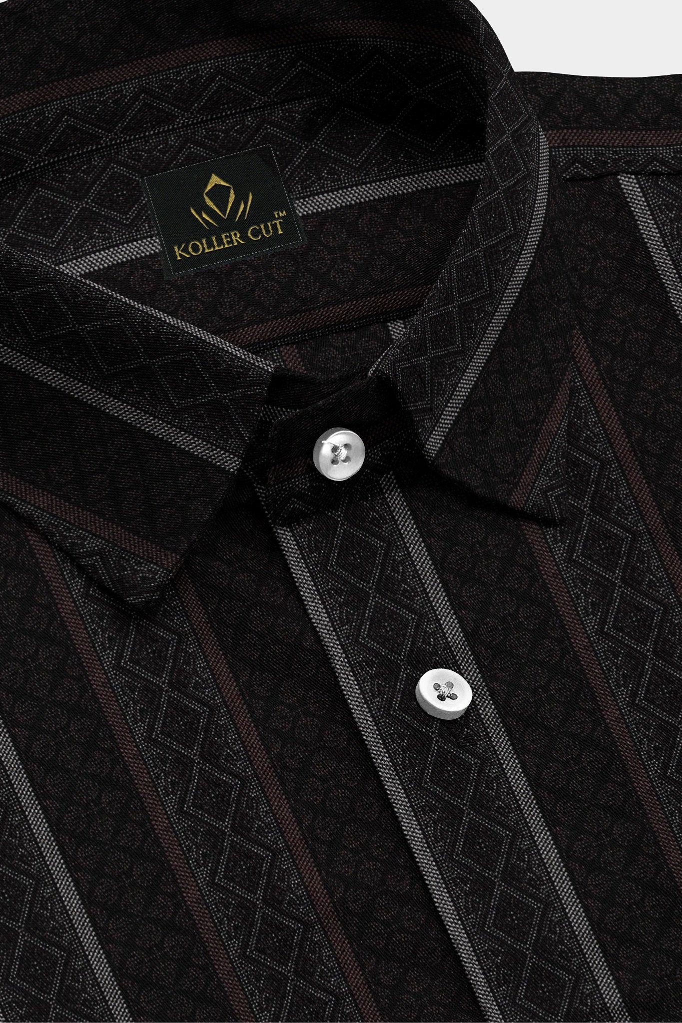 Obsidian Black with Fudgesicle Brown and White Diamond Stripe Pattern Printed Cotton Shirt