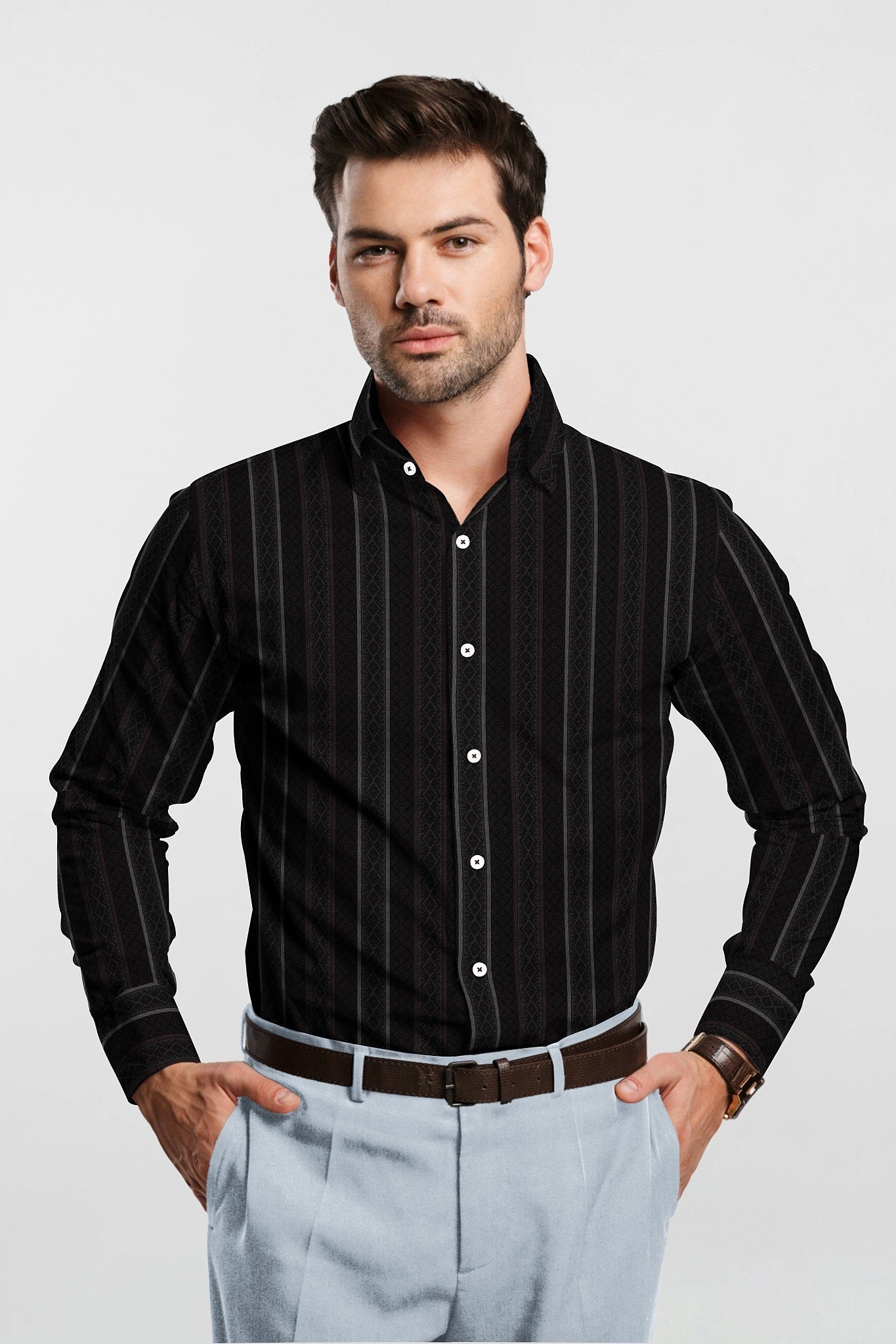 Obsidian Black with Fudgesicle Brown and White Diamond Stripe Pattern Printed Cotton Shirt