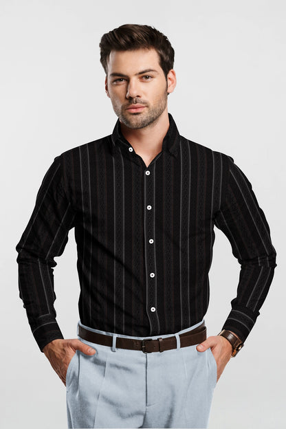 Obsidian Black with Fudgesicle Brown and White Diamond Stripe Pattern Printed Cotton Shirt