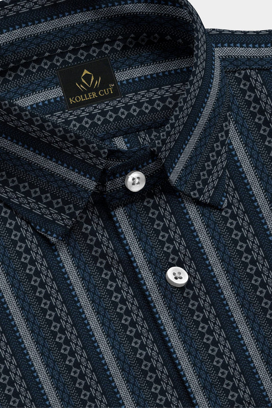 Limoges Blue with Snorkel Blue and White Abstract Stripes Cotton Shirt