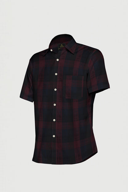 Merlot Red with Black and Monaco Blue Checks Cotton Shirt