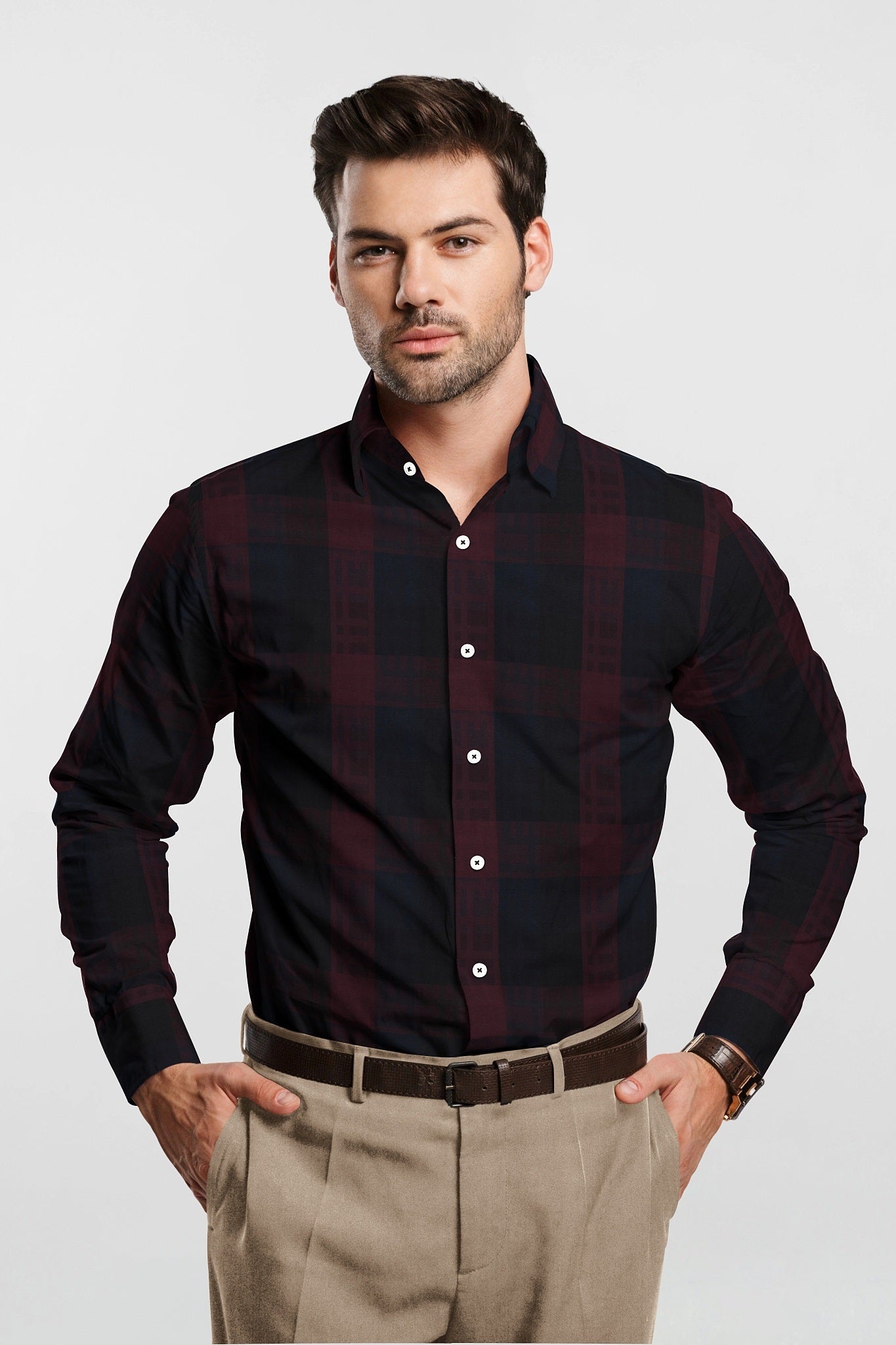 Merlot Red with Black and Monaco Blue Checks Cotton Shirt