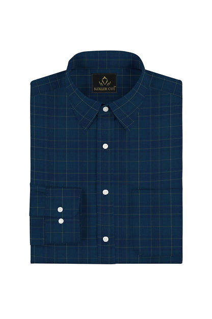 Nebula Blue and Olive Green Checks Cotton Shirt