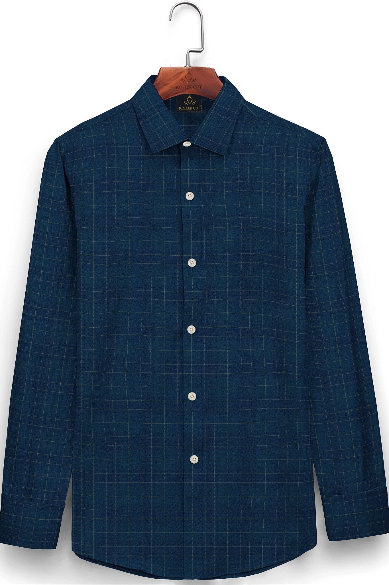 Nebula Blue and Olive Green Checks Cotton Shirt