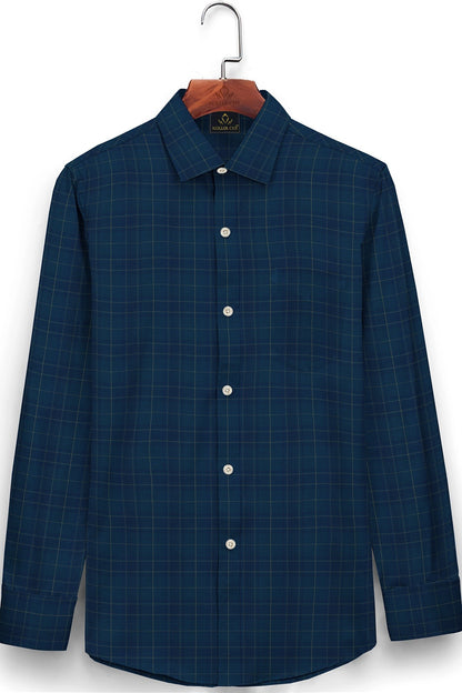Nebula Blue and Olive Green Checks Cotton Shirt