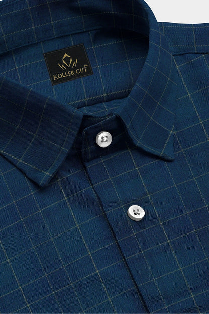 Nebula Blue and Olive Green Checks Cotton Shirt
