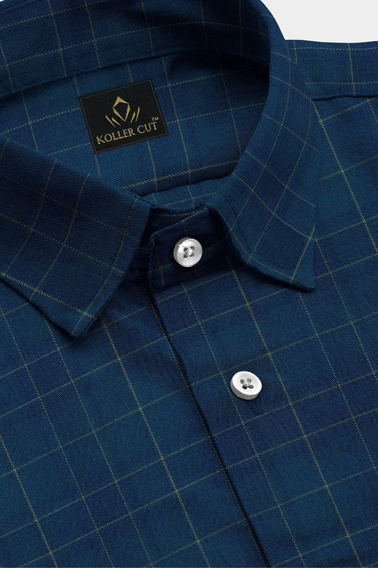 Nebula Blue and Olive Green Checks Cotton Shirt