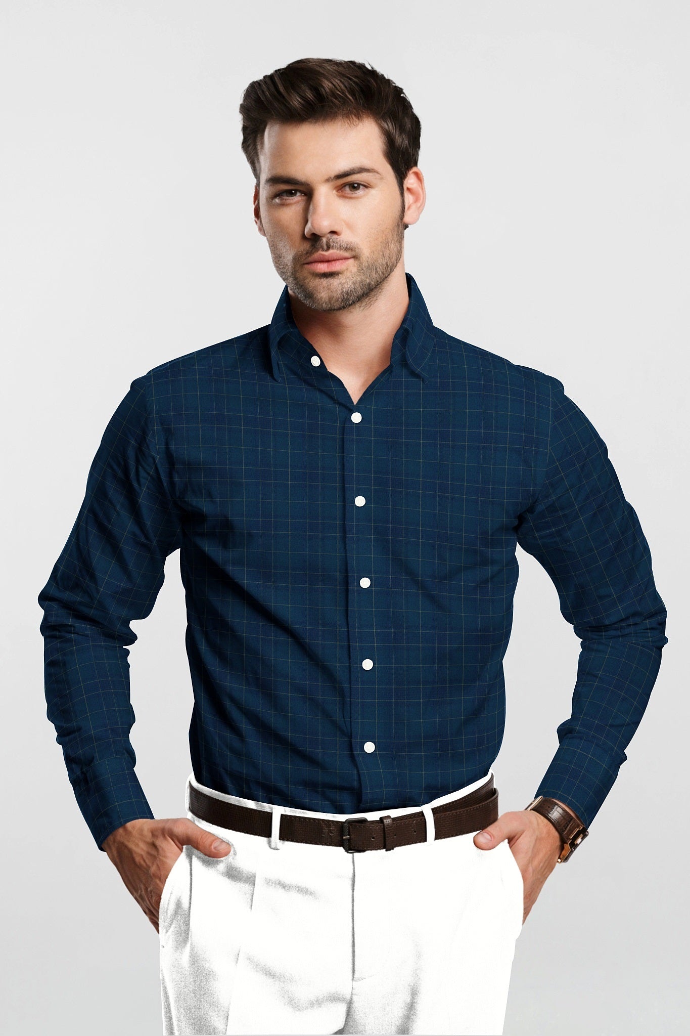 Nebula Blue and Olive Green Checks Cotton Shirt