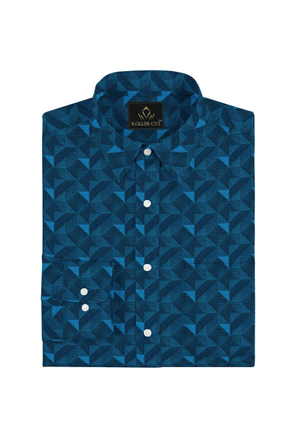 Blue patterned shirt with a brand label on a white background-Teal Blue and Nebula Blue Jacquard Extruded Triangle Printed Premium Cotton Shirt