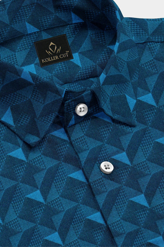 Teal Blue and Nebula Blue Jacquard Extruded Triangle Printed Premium Cotton Shirt