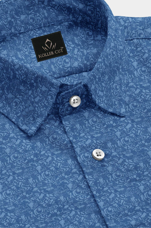 Methyl Blue and Dresden Blue Jacquard Print Egyptian Giza Cotton Shirt