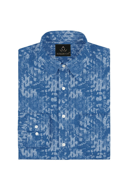 Sapphire Blue and Ivory White Jacquard Print Egyptian Giza Cotton Shirt