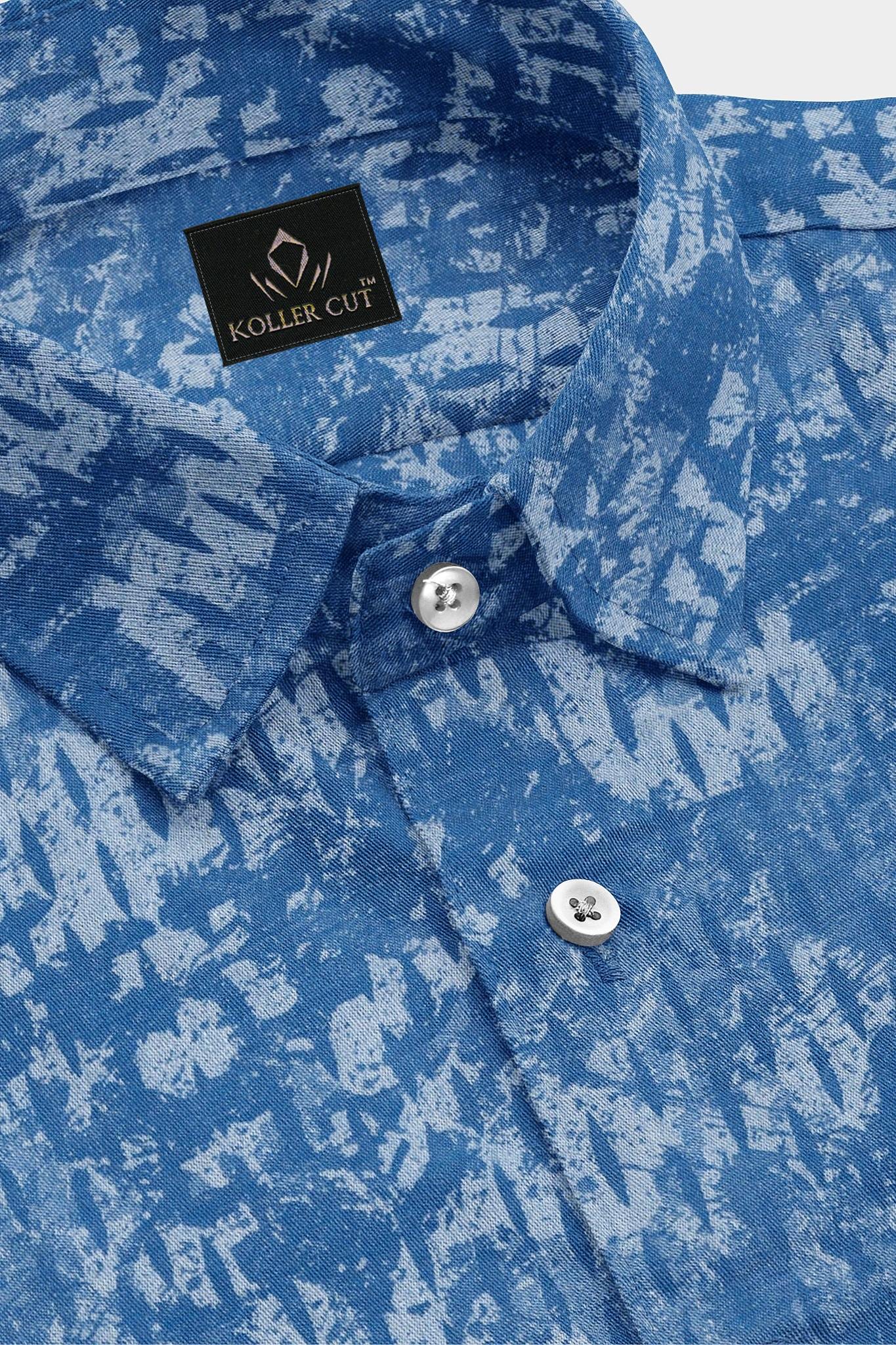 Sapphire Blue and Ivory White Jacquard Print Egyptian Giza Cotton Shirt
