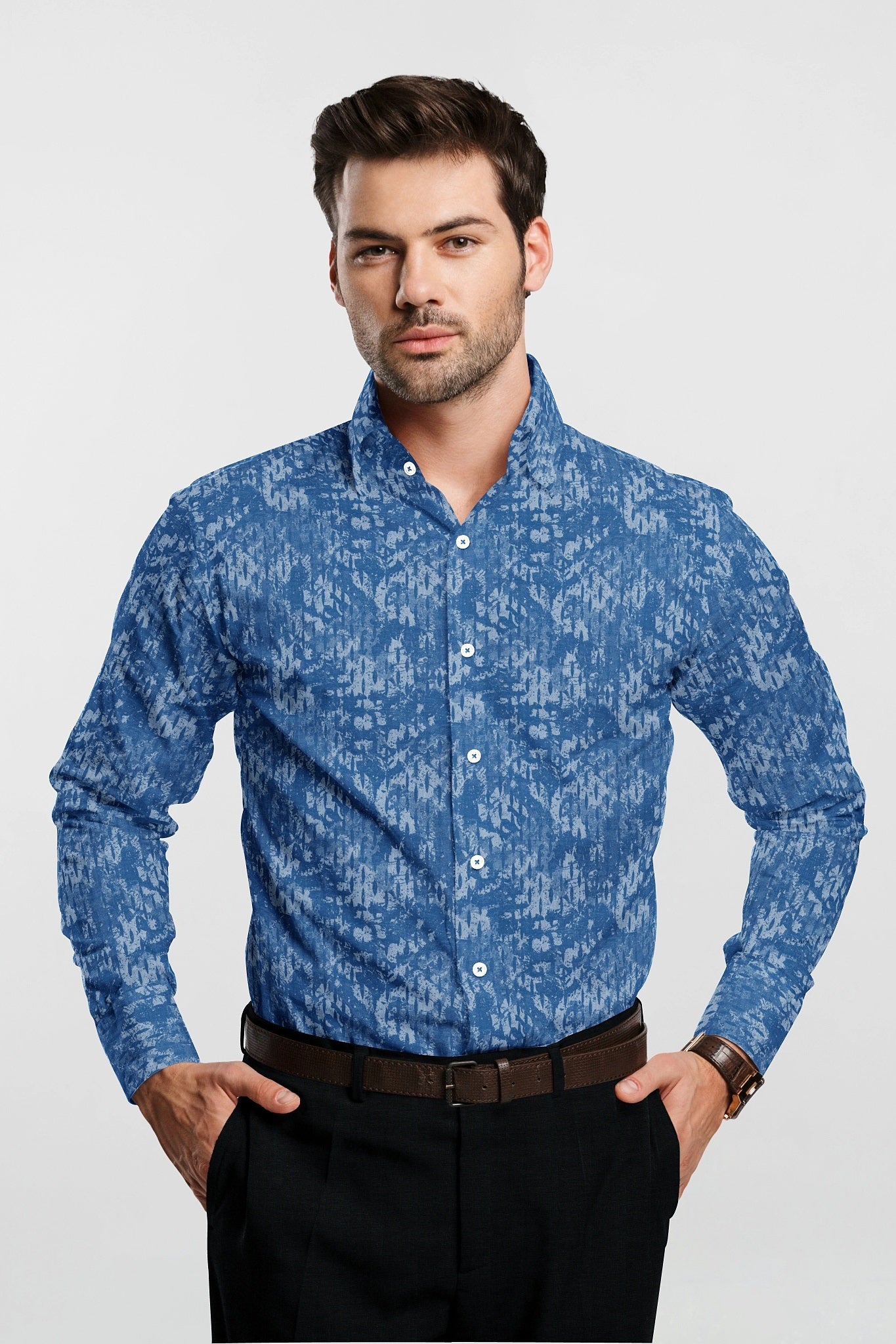 Sapphire Blue and Ivory White Jacquard Print Egyptian Giza Cotton Shirt