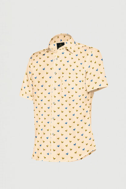 Pristine Cream with Mustard Yellow and Turkish Blue Rooster Printed Cotton Shirt
