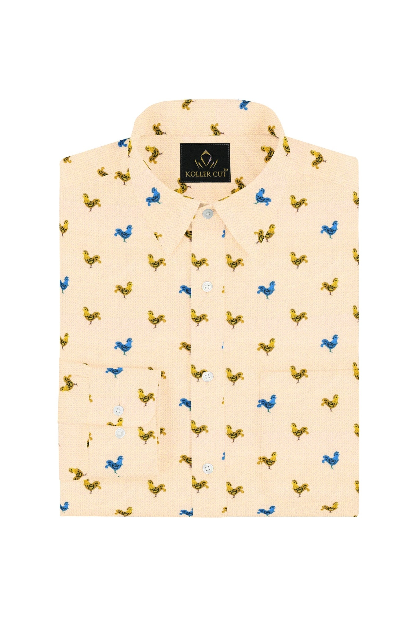 Pristine Cream with Mustard Yellow and Turkish Blue Rooster Printed Cotton Shirt