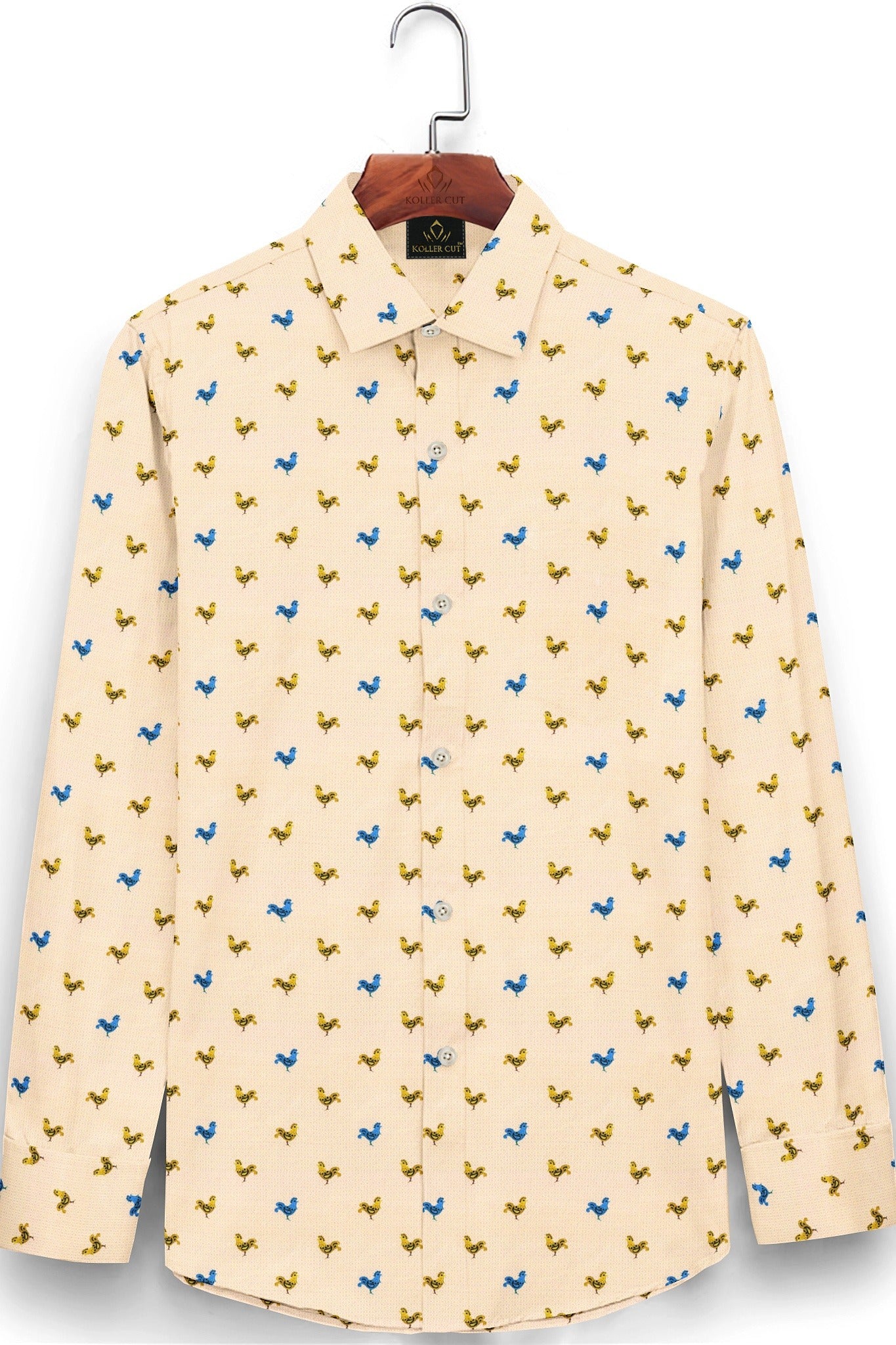 Pristine Cream with Mustard Yellow and Turkish Blue Rooster Printed Cotton Shirt
