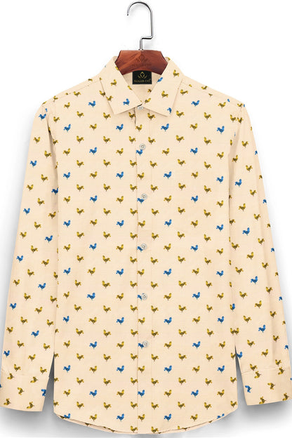 Pristine Cream with Mustard Yellow and Turkish Blue Rooster Printed Cotton Shirt