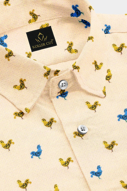 Pristine Cream with Mustard Yellow and Turkish Blue Rooster Printed Cotton Shirt