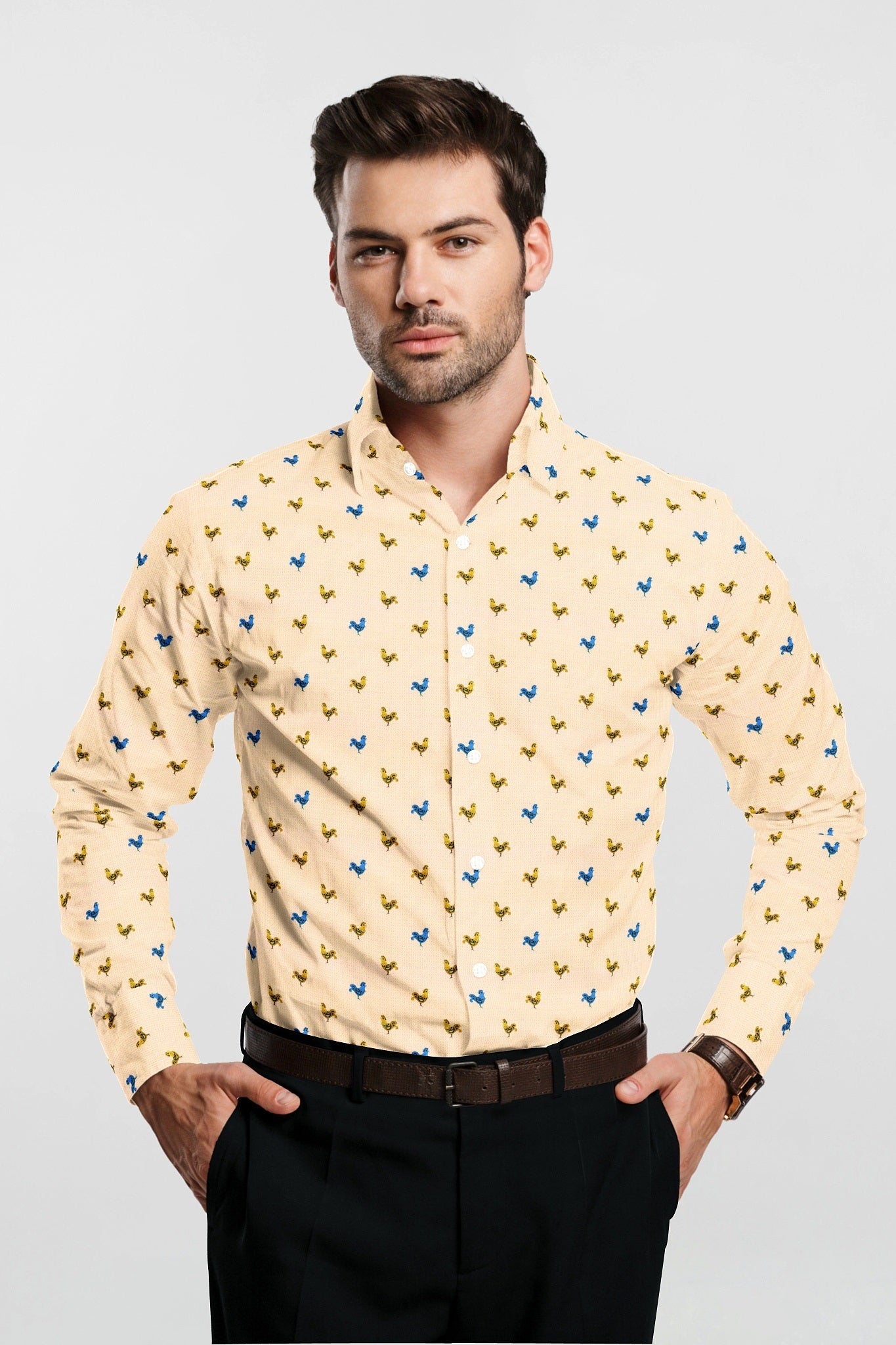 Pristine Cream with Mustard Yellow and Turkish Blue Rooster Printed Cotton Shirt