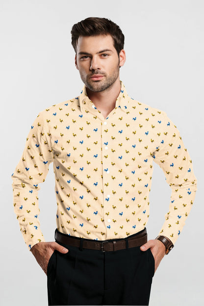 Pristine Cream with Mustard Yellow and Turkish Blue Rooster Printed Cotton Shirt