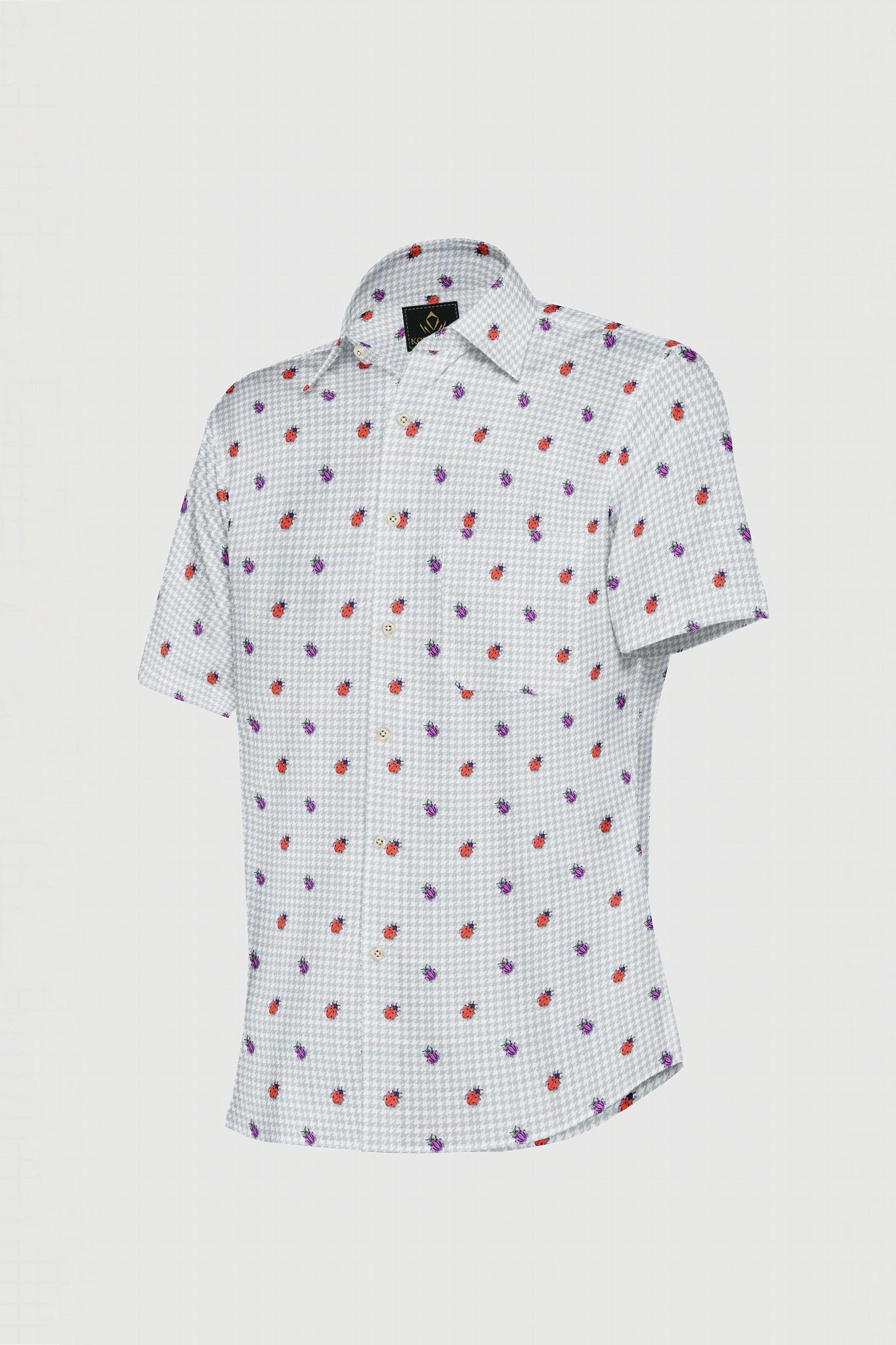 Lunar Gray with Orange and Fuschia Pink Beetle Print Houdstooth Check Cotton Shirt