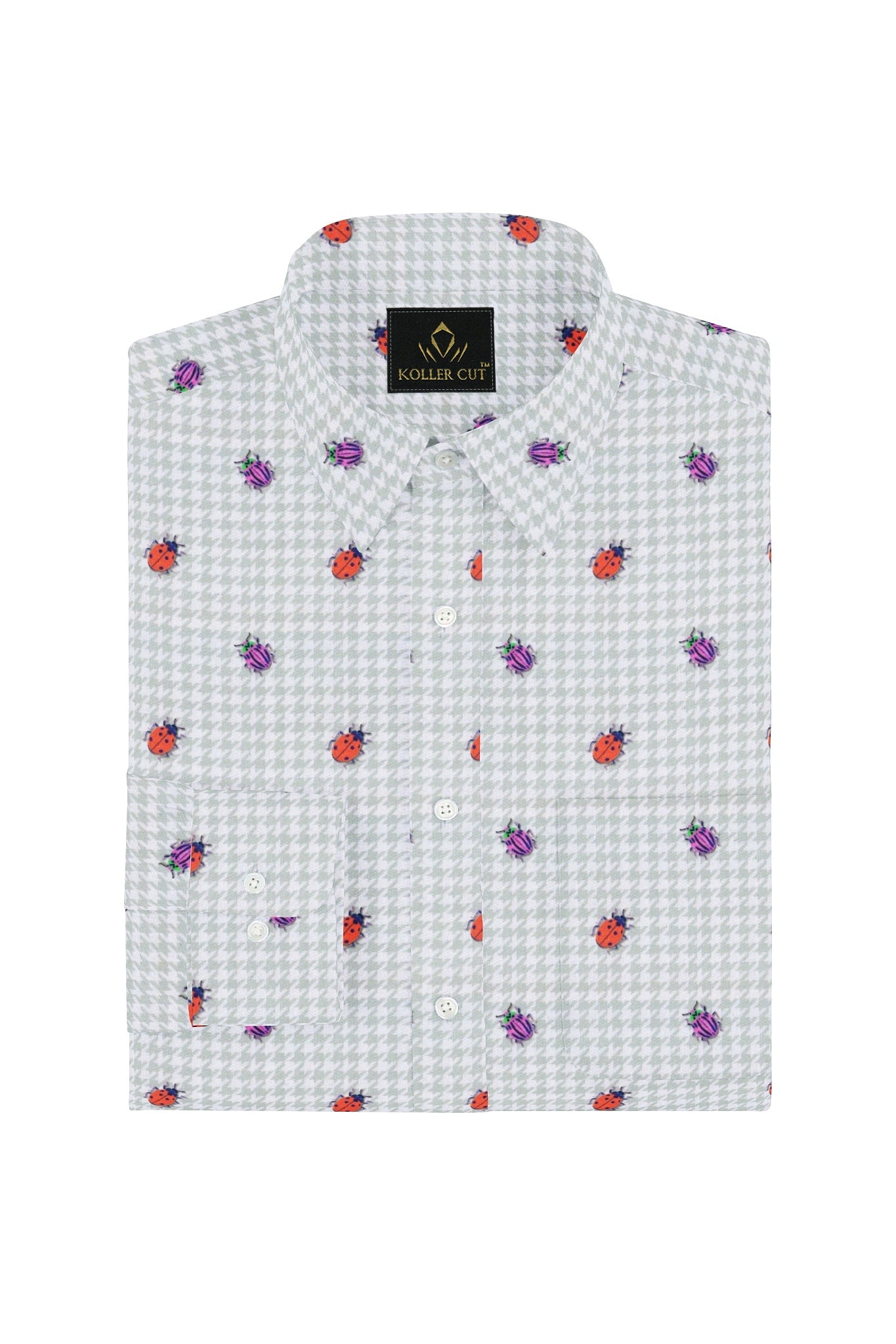 Lunar Gray with Orange and Fuschia Pink Beetle Print Houdstooth Check Cotton Shirt