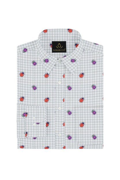 Lunar Gray with Orange and Fuschia Pink Beetle Print Houdstooth Check Cotton Shirt