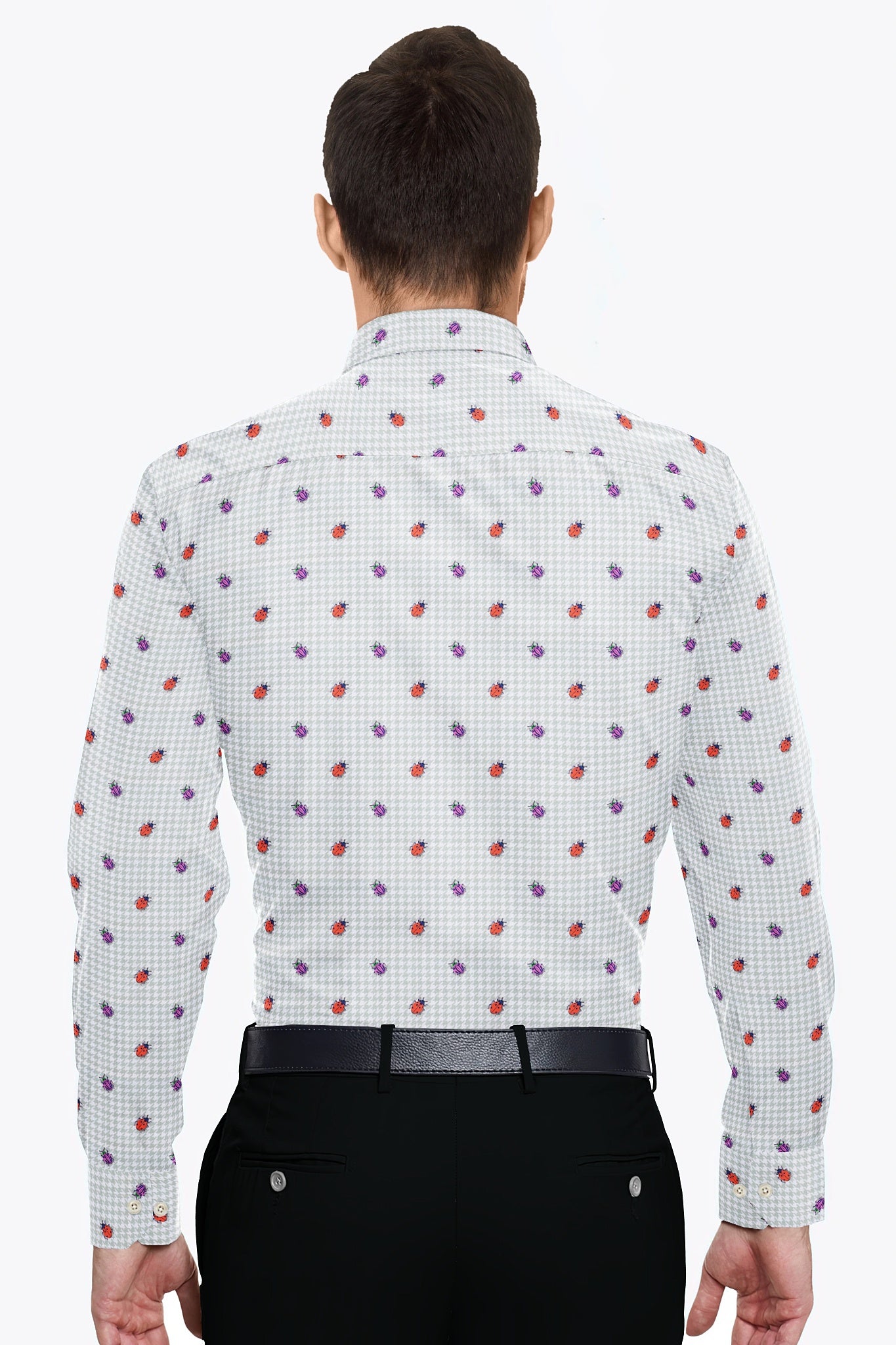 Lunar Gray with Orange and Fuschia Pink Beetle Print Houdstooth Check Cotton Shirt