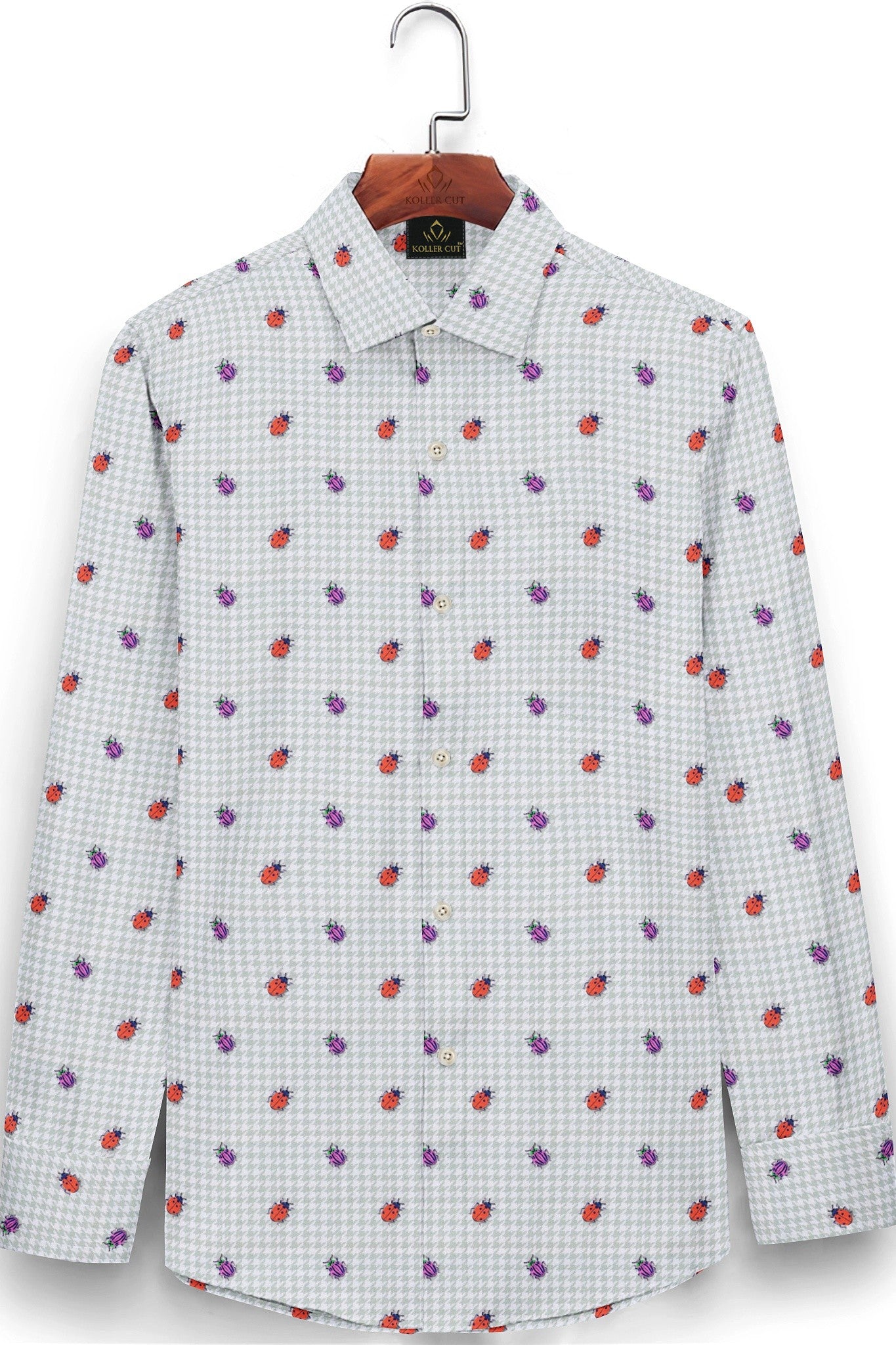 Lunar Gray with Orange and Fuschia Pink Beetle Print Houdstooth Check Cotton Shirt