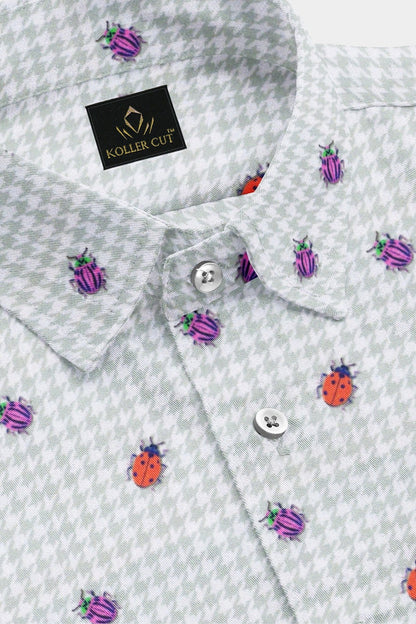 Lunar Gray with Orange and Fuschia Pink Beetle Print Houdstooth Check Cotton Shirt