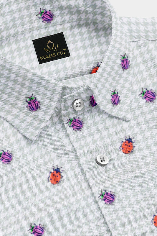 Lunar Gray with Orange and Fuschia Pink Beetle Print Houdstooth Check Cotton Shirt