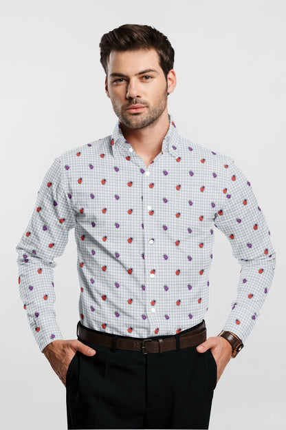 Lunar Gray with Orange and Fuschia Pink Beetle Print Houdstooth Check Cotton Shirt