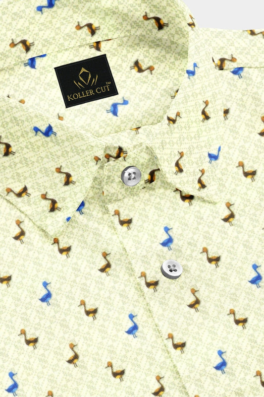 Vanilla with Lapis Blue and Tiger Orange Duck Printed Egyptian Giza Cotton Shirt