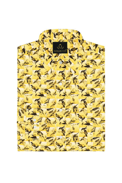 Freesia Yellow and Black Kingfisher Printed Premium Cotton Shirt