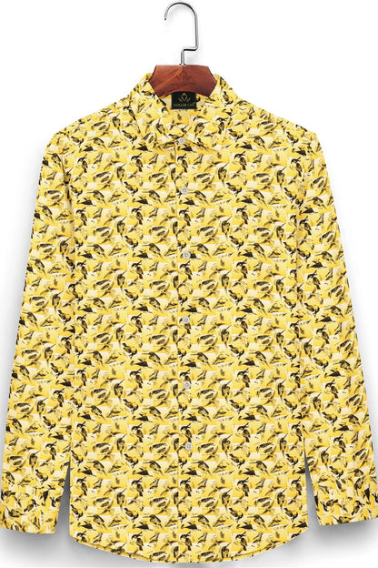 Freesia Yellow and Black Kingfisher Printed Premium Cotton Shirt