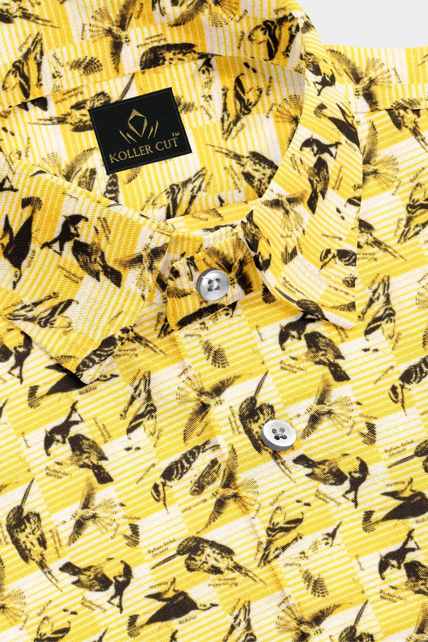Freesia Yellow and Black Kingfisher Printed Premium Cotton Shirt
